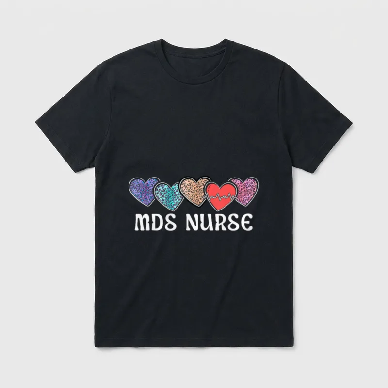 MDS Nurse Heart Leopard T-Shirt – Five patterned hearts with a pulse line and MDS NURSE text – Classic T-Shirt in Black