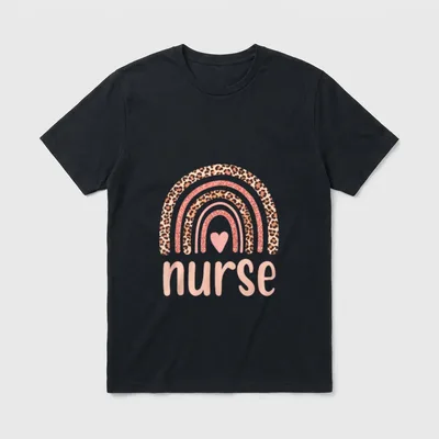 Nurse Rainbow Leopard T-Shirt – nurse below a patterned rainbow, pink glitter arches, and a heart – Classic T-Shirt in Black