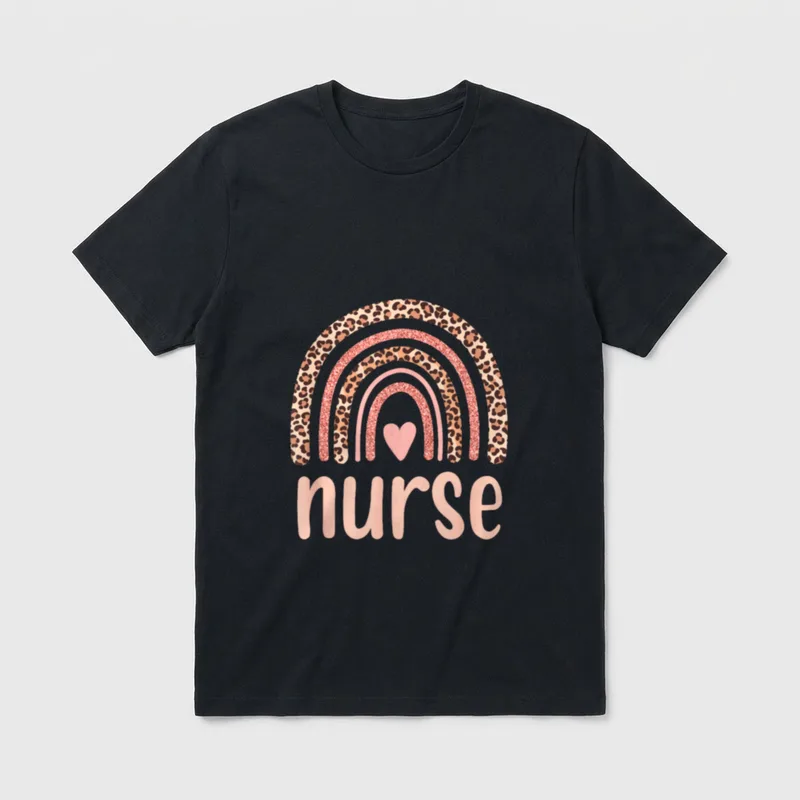 Nurse Rainbow Leopard T-Shirt – nurse below a patterned rainbow, pink glitter arches, and a heart – Classic T-Shirt in Black