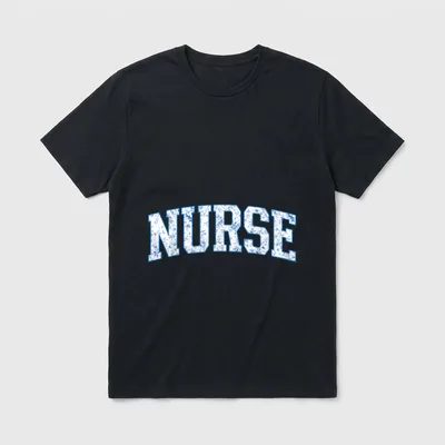 Nurse Varsity Floral Letter T-Shirt – The word “NURSE” in arched floral collegiate block letters – Classic T-Shirt in Black