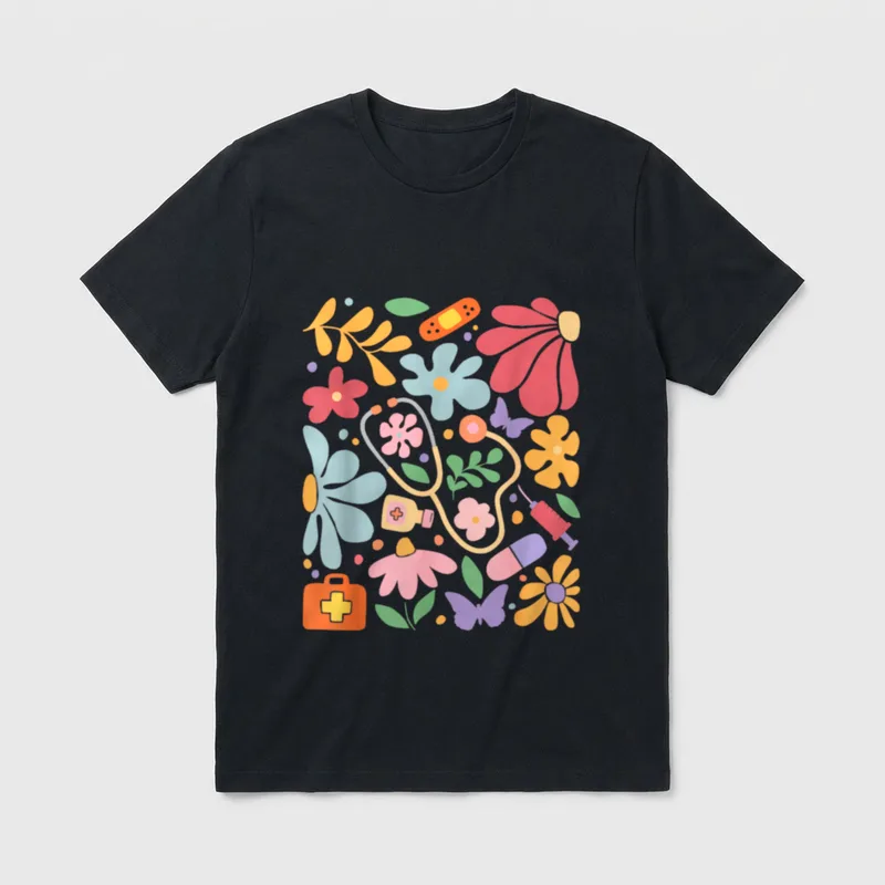 Boho Floral RN Nurse Doctor Healthcare T-Shirt – Classic T-Shirt in Black