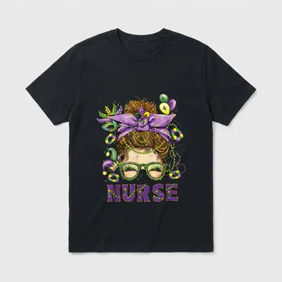 Mardi Nurse Messy Bun Mask Love T-Shirt – “NURSE” lettering with messy bun, beads, and mask – Classic T-Shirt in Black