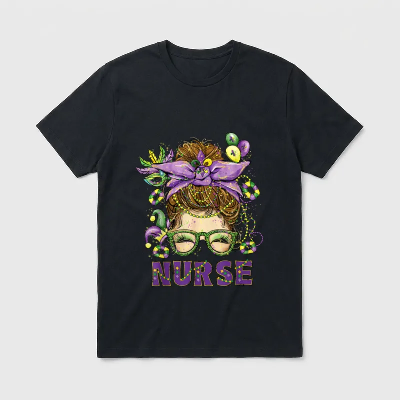 Mardi Nurse Messy Bun Mask Love T-Shirt – “NURSE” lettering with messy bun, beads, and mask – Classic T-Shirt in Black