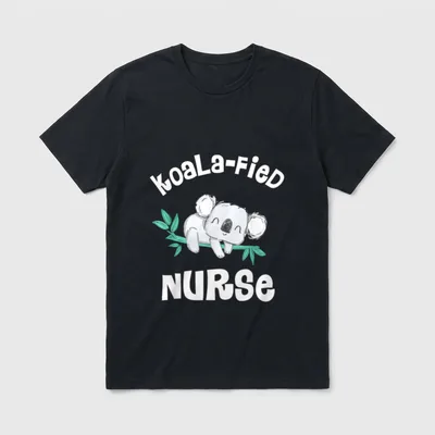Qualified Nurse RN T-Shirt – Sleeping koala on a leafy branch with Koala-Fied Nurse lettering – Classic T-Shirt in Black