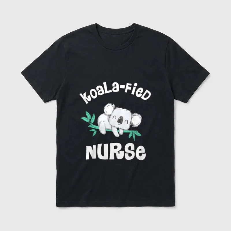 Qualified Nurse RN T-Shirt – Sleeping koala on a leafy branch with Koala-Fied Nurse lettering – Classic T-Shirt in Black