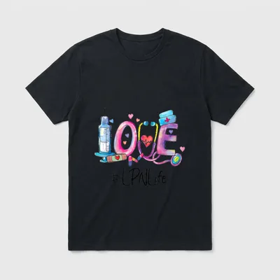Love LPN Life Nurse T-Shirt – Watercolor medical tools spelling LOVE above #LPNlife text – Classic T-Shirt in Black