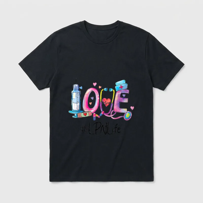 Love LPN Life Nurse T-Shirt – Watercolor medical tools spelling LOVE above #LPNlife text – Classic T-Shirt in Black