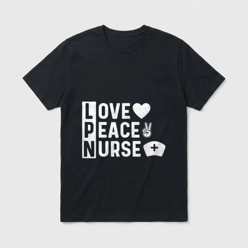 LPN Love Peace Nurse T-Shirt – LPN Love Peace Nurse text with heart, peace symbol, and nurse cap – Classic T-Shirt in Black
