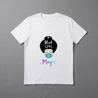 Black LPN T-Shirt – Black LPN Magic lettering with nurse cap, afro hair, and face mask – Classic T-Shirt in Black