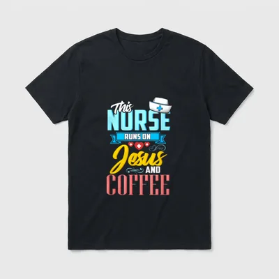 RN LPN Nurse T-Shirt – This Nurse Runs On Jesus and Coffee with a nurse cap and hearts – Classic T-Shirt in Black