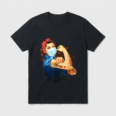 Rosie the Riveter Nurse Shirt – Masked woman flexing bicep with red bandana and Nurse tattoo – Classic T-Shirt in Black