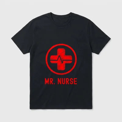 Mr Nurse T-Shirt – Red circular medical cross with pulse line and MR. NURSE lettering – Classic T-Shirt in Black