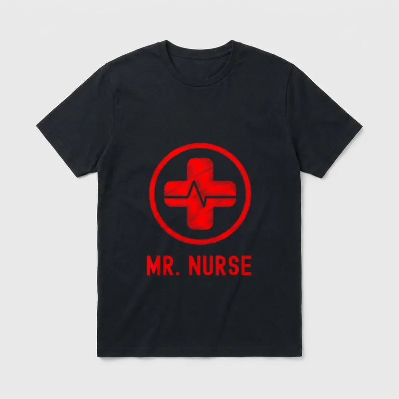 Mr Nurse T-Shirt – Red circular medical cross with pulse line and MR. NURSE lettering – Classic T-Shirt in Black
