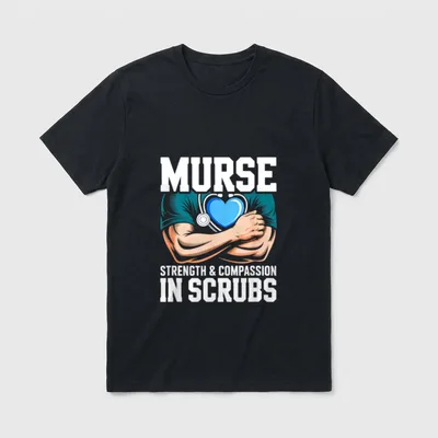 Male Nurse Strength T-Shirt – Murse text with crossed muscular arms and a heart stethoscope – Classic T-Shirt in Black