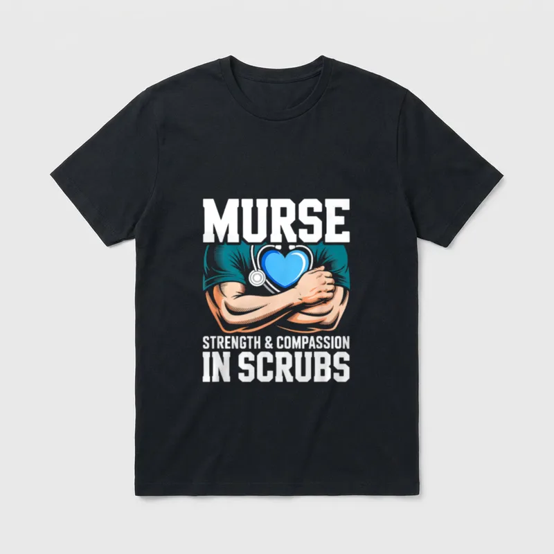 Male Nurse Strength T-Shirt – Murse text with crossed muscular arms and a heart stethoscope – Classic T-Shirt in Black
