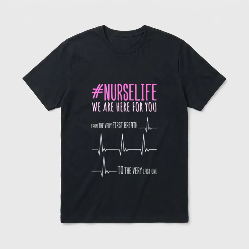 Hospital Murse Heartbeat Nurses T-Shirt – #NURSELIFE lettering with heartbeat line rhythm graphic – Classic T-Shirt in Black