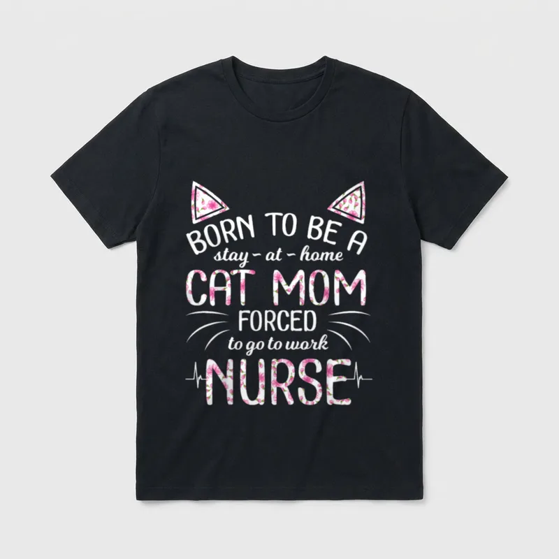 Cat Mom Forced Go Work Nurse T-Shirt – Floral cat ears, whiskers, heartbeat line, and nursing text – Classic T-Shirt in Black