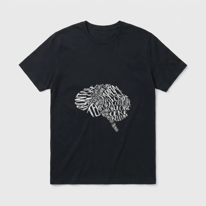 Neuro Nurse Shirt – Brain silhouette formed by anatomical region typography – Classic T-Shirt in Black
