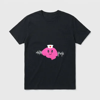 Neuro Nurse Cute EEG Brain Face T-Shirt – Smiling pink brain with nurse cap and white EEG waves – Classic T-Shirt in Black