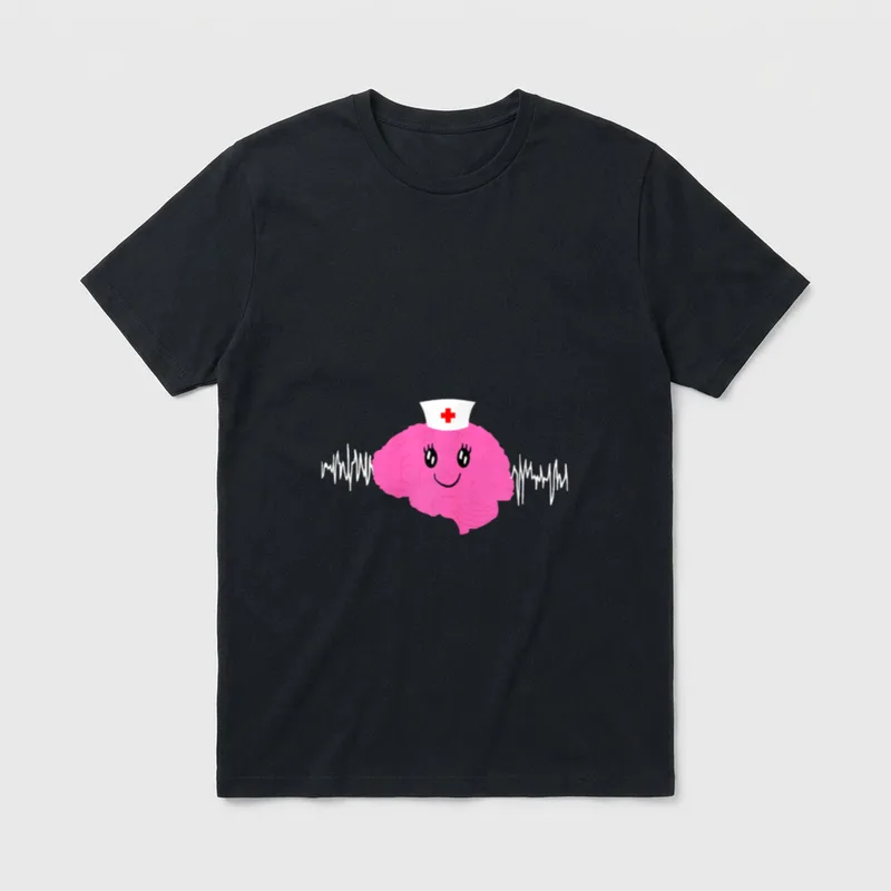 Neuro Nurse Cute EEG Brain Face T-Shirt – Smiling pink brain with nurse cap and white EEG waves – Classic T-Shirt in Black