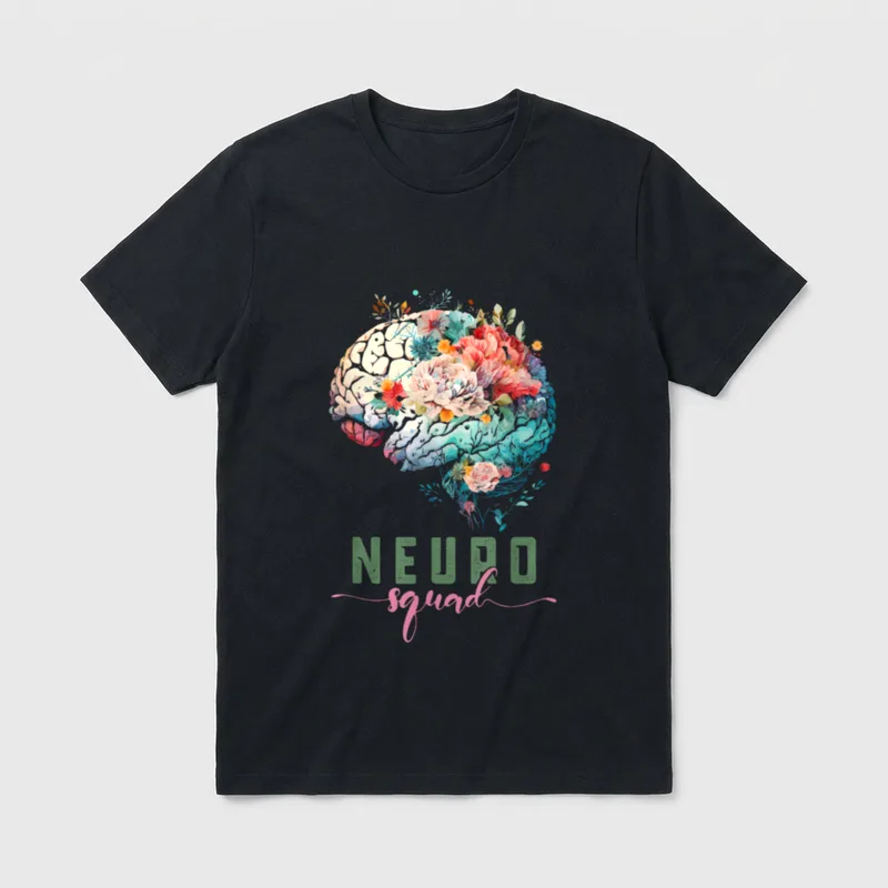 Floral Brain Neurology Neuro Nurse Tech T-Shirt – Floral brain illustration with NEURO squad text – Classic T-Shirt in Black