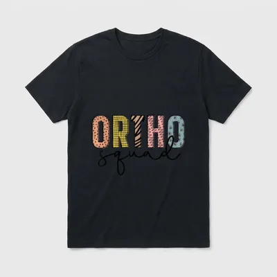 Ortho Squad T-Shirt – Patterned letters spelling ORTHO above cursive word squad – Classic T-Shirt in Black