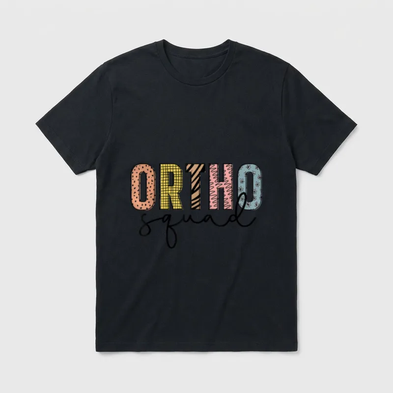 Ortho Squad T-Shirt – Patterned letters spelling ORTHO above cursive word squad – Classic T-Shirt in Black