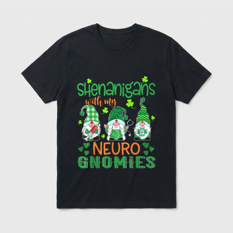 Neuro Gnomies St Day Nurse T-Shirt – Three Irish medical gnomes with syringe and stethoscope – Classic T-Shirt in Black