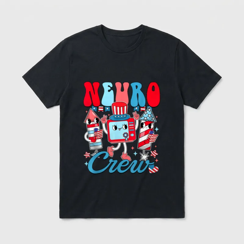 Groovy Neuro Crew Happy Independence Day T-Shirt – Printed text reading NEURO and Crew – Classic T-Shirt in Black