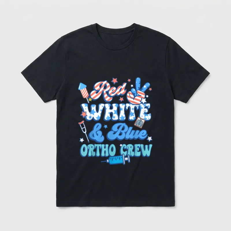 Red White Blue Ortho Crew Nurse T-Shirt – “Red WHITE & Blue ORTHO CREW” with crutch and syringe – Classic T-Shirt in Black
