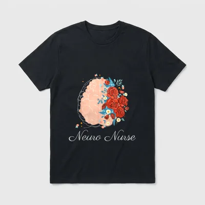 Neurology Neuro Nurse T-Shirt – Brain illustration with floral blooms and Neuro Nurse script – Classic T-Shirt in Black