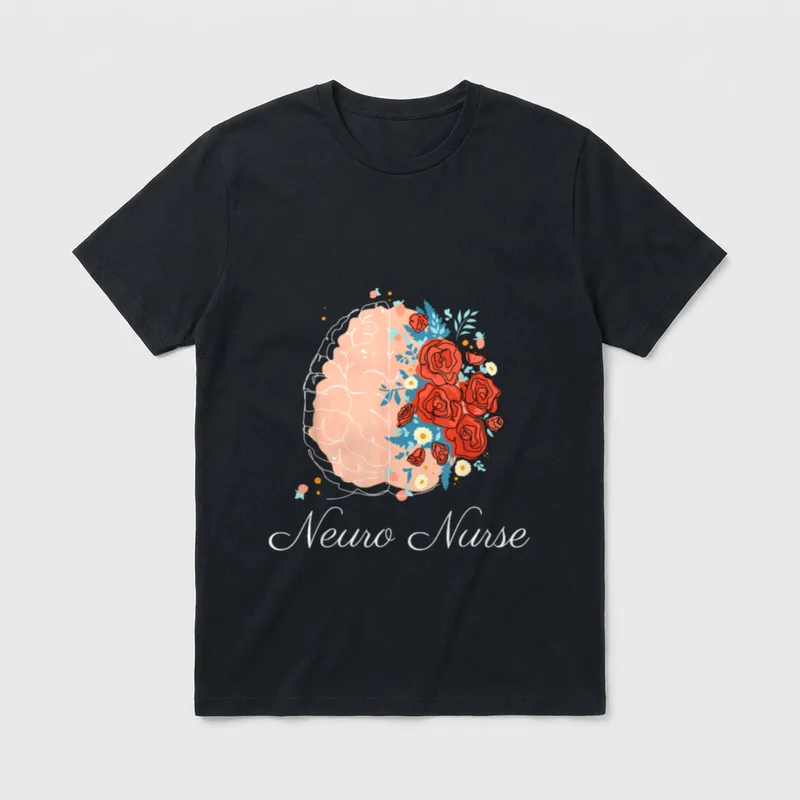 Neurology Neuro Nurse T-Shirt – Brain illustration with floral blooms and Neuro Nurse script – Classic T-Shirt in Black
