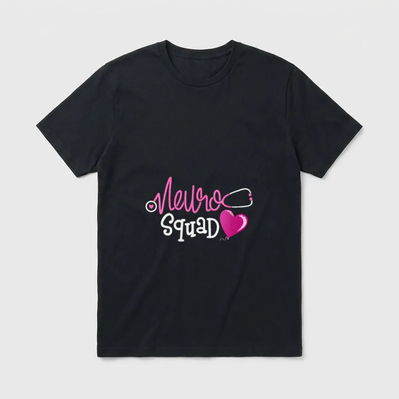 Neuroscience Nurse RN T-Shirt – Neuro Squad lettering with stethoscope and heart balloon – Classic T-Shirt in Black