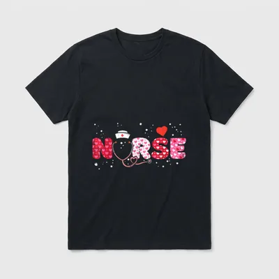 NICU Nurse Shirt – NURSE lettering with heart patterns and stethoscope – Classic T-Shirt in Black