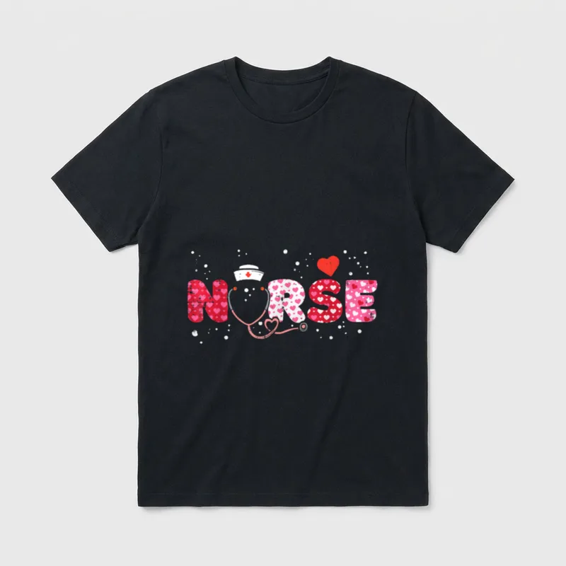 NICU Nurse Shirt – NURSE lettering with heart patterns and stethoscope – Classic T-Shirt in Black