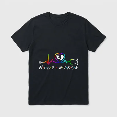 NICU Nurse Heartbeat T-Shirt – Rainbow stethoscope pulse line and infant footprints – Classic T-Shirt in Black