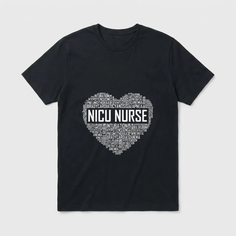 Nicu Nurse Heart Newborn Care T-Shirt – NICU NURSE in a heart shape made of neonatal medical words – Classic T-Shirt in Black
