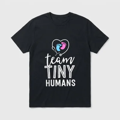 NICU Nurse Humans T-Shirt – team TINY HUMANS below a heart stethoscope with baby footprints – Classic T-Shirt in Black