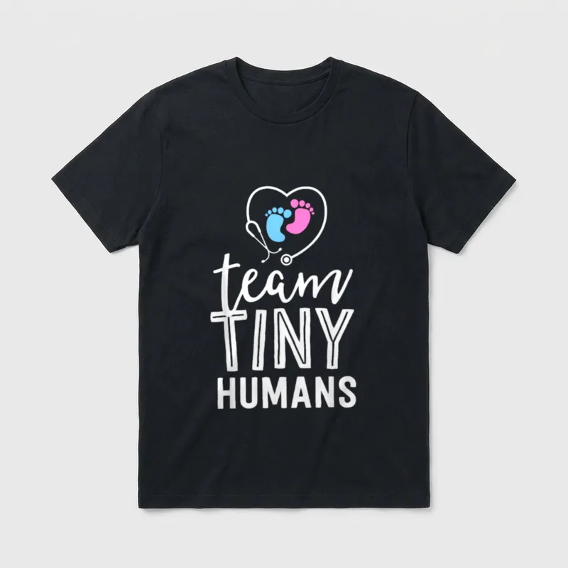 NICU Nurse Humans T-Shirt – team TINY HUMANS below a heart stethoscope with baby footprints – Classic T-Shirt in Black