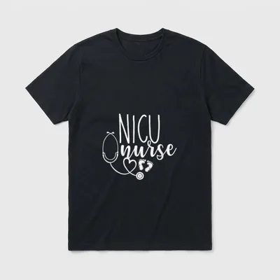 Cute NICU Nurse T-Shirt – NICU nurse lettering with a stethoscope heart and baby footprints – Classic T-Shirt in Black