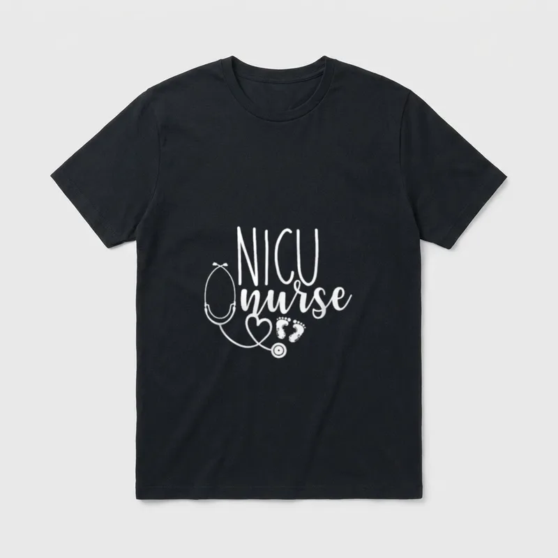 Cute NICU Nurse T-Shirt – NICU nurse lettering with a stethoscope heart and baby footprints – Classic T-Shirt in Black