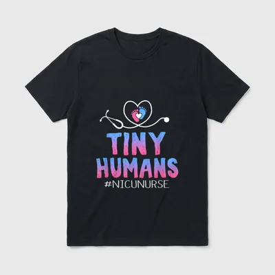 NICU Nurse Neonatal T-Shirt – TINY HUMANS #NICUNURSE with stethoscope heart and baby footprints – Classic T-Shirt in Black