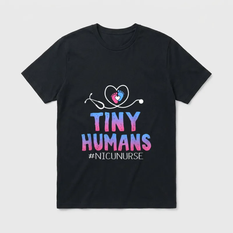 NICU Nurse Neonatal T-Shirt – TINY HUMANS #NICUNURSE with stethoscope heart and baby footprints – Classic T-Shirt in Black