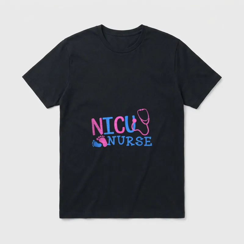 Nicu Nurse Babies T-Shirt – The words NICU NURSE with footprints and a stethoscope – Classic T-Shirt in Black