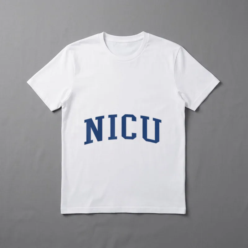 NICU Nurse Varsity Style T-Shirt – Blue collegiate lettering spelling NICU in an arch – Classic T-Shirt in Black