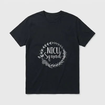 Newborn Neonatal Nurse T-Shirt – Floral wreath encircling printed NICU Squad lettering – Classic T-Shirt in Black