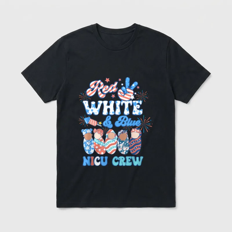 Red White Blue NICU Crew Nurse T-Shirt – Red WHITE & Blue NICU CREW lettering and swaddled infants – Classic T-Shirt in Black