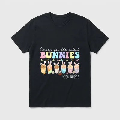 NICU Nurse Easter Day Caring T-Shirt – Caring for the cutest BUNNIES with NICU NURSE lettering – Classic T-Shirt in Black