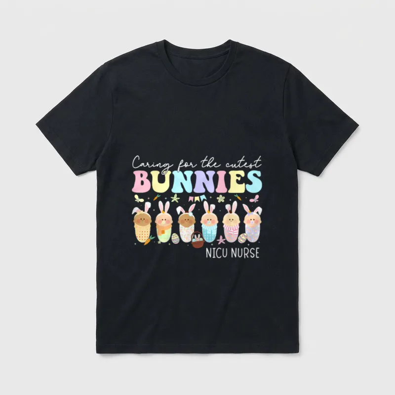 NICU Nurse Easter Day Caring T-Shirt – Caring for the cutest BUNNIES with NICU NURSE lettering – Classic T-Shirt in Black