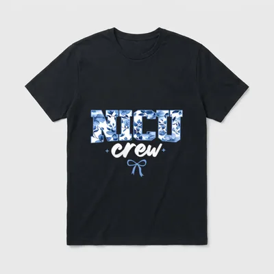 NICU Crew Nurse Celebrate T-Shirt – Floral NICU lettering with script crew and a blue ribbon bow – Classic T-Shirt in Black